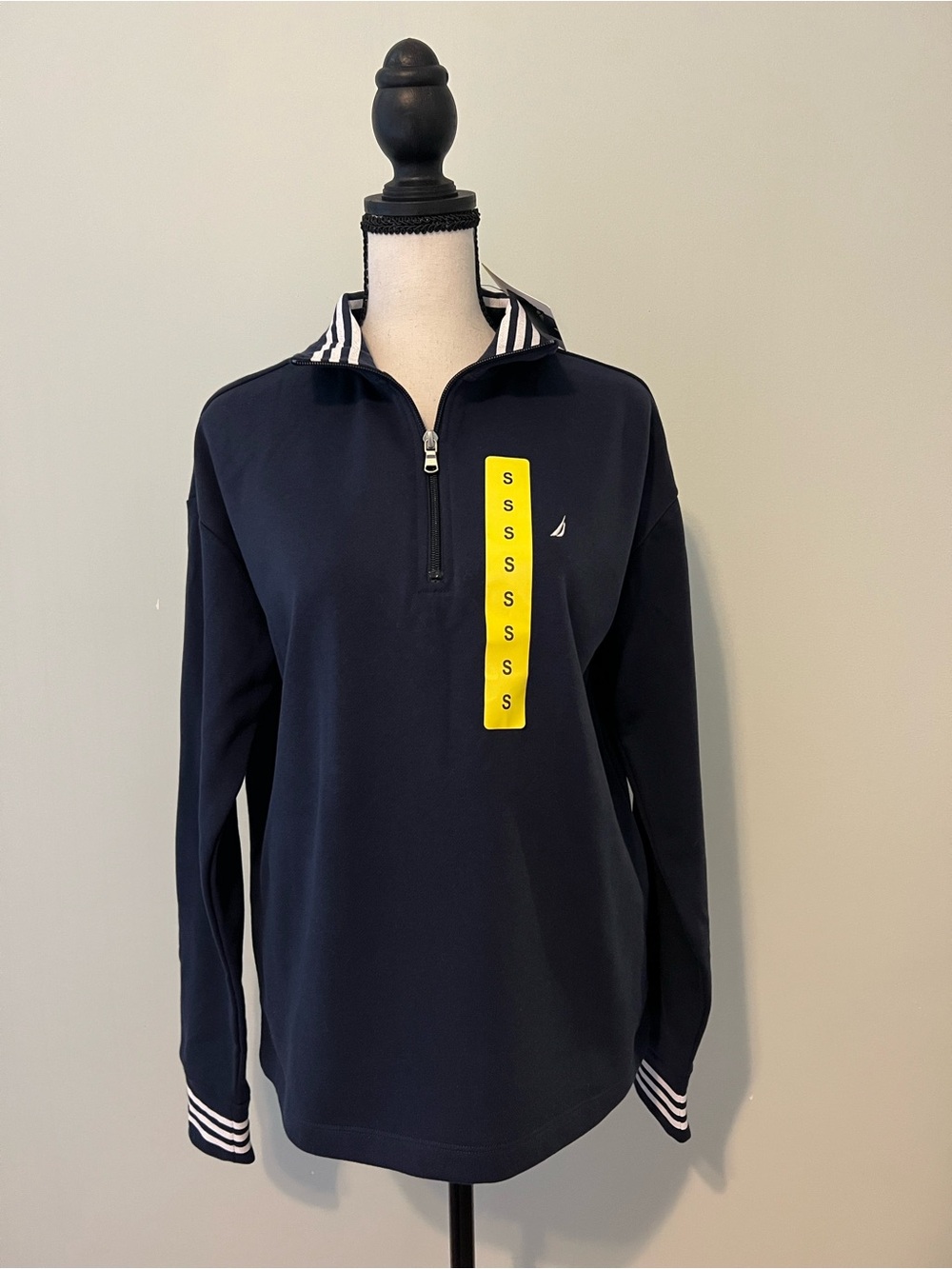 Nautica NWT Women’s Navy Half-Zip Pullover with Striped Trim